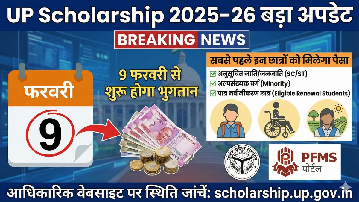 UP Scholarship 2025–26 बड़ा अपडेट 9 फरवरी से शुरू होगा भुगतान, सबसे पहले इन छात्रों को मिलेगा पैसा